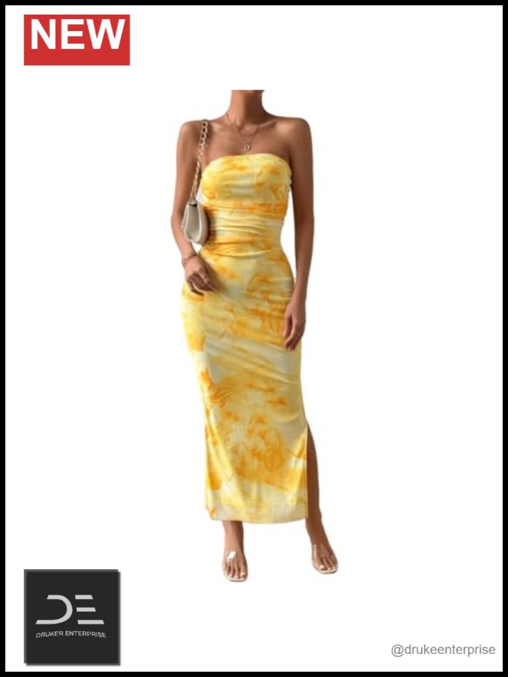 Women's Strapless Tube Bodycon Maxi Dress Mesh Layered Side Slit Party